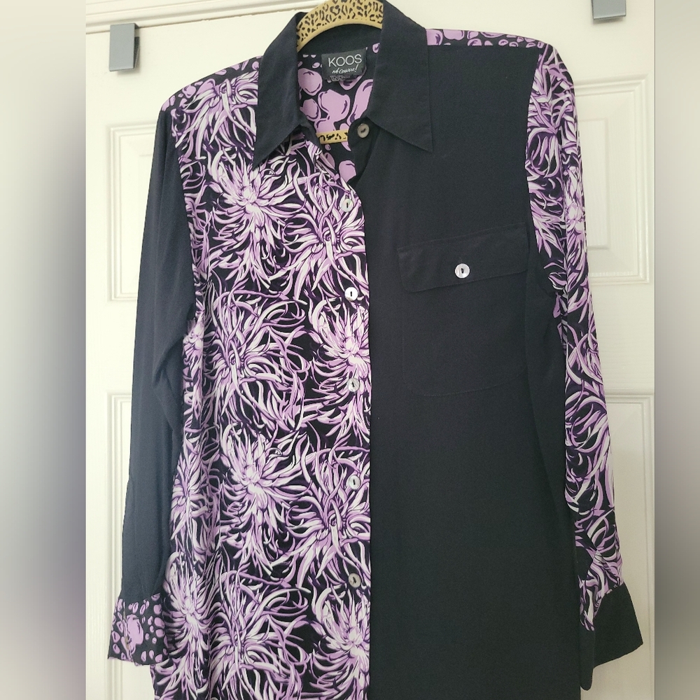Koos Of Course Shirt Womens Small Colorblock Floral Silk Button Up Long Sleeve